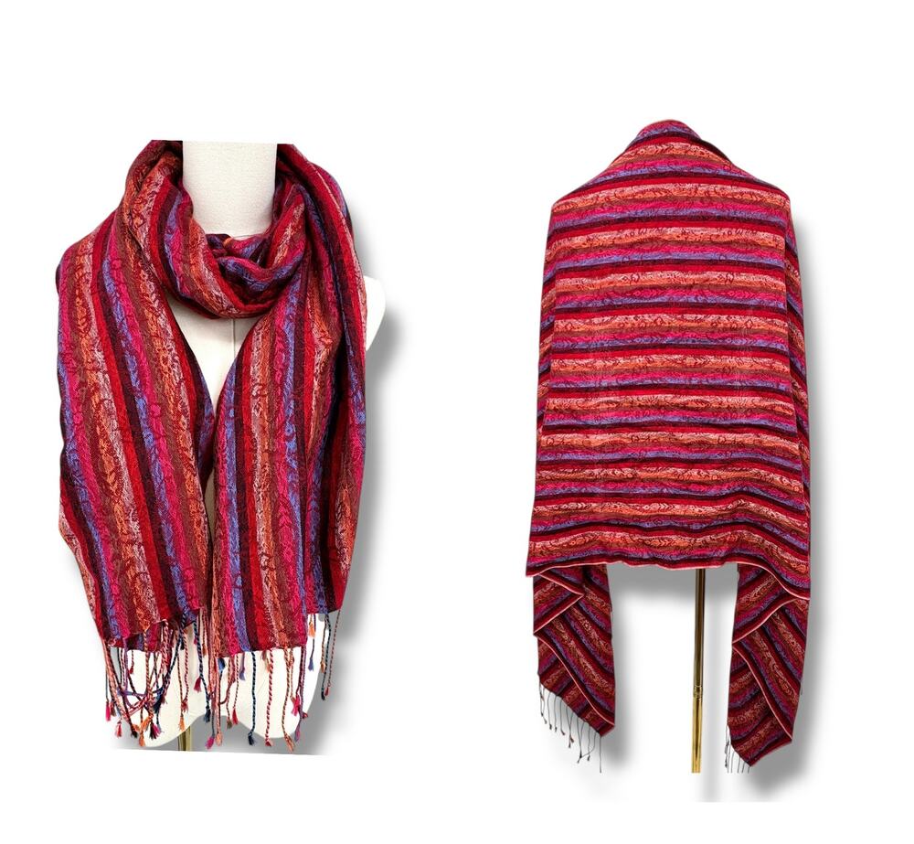 Pashmina silk blend tassel fringe wrap scarf shawl paisley wine red burnt orange